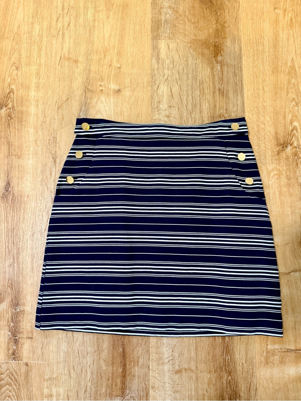 LOFT Navy and White Striped Mini Skirt with Gold Buttons